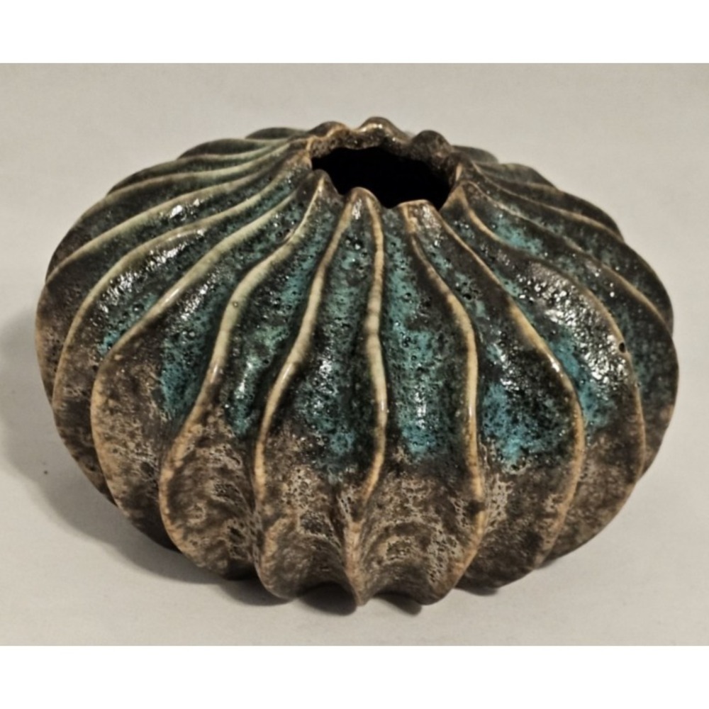 Fractal Volcanic Glaze Vase Blue Brown 2 Small Chips 3.5" Tall